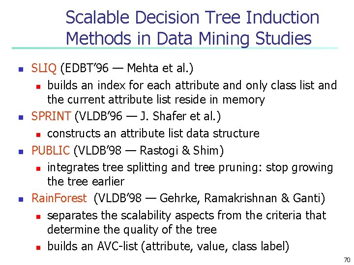 Scalable Decision Tree Induction Methods in Data Mining Studies n n SLIQ (EDBT’ 96