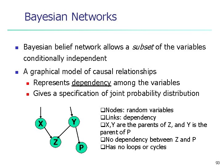 Bayesian Networks n Bayesian belief network allows a subset of the variables conditionally independent