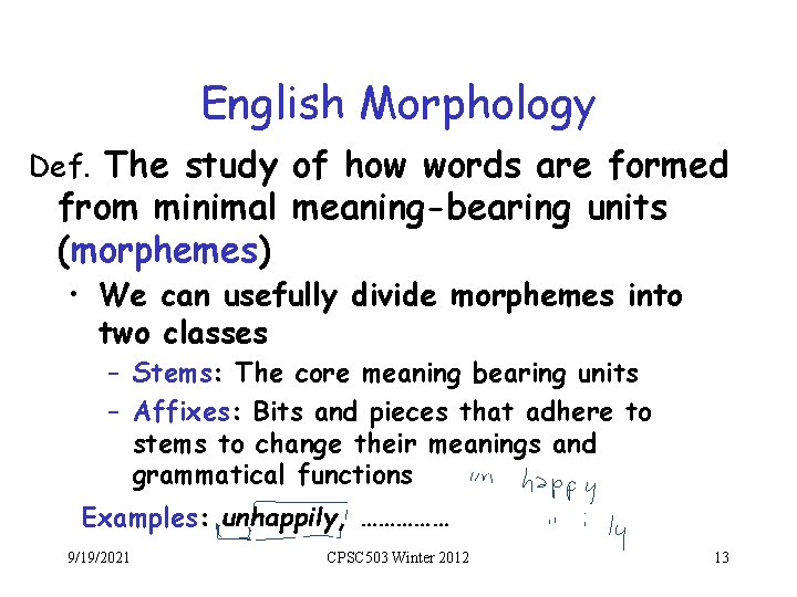 English Morphology Def. The study of how words are formed from minimal meaning-bearing units