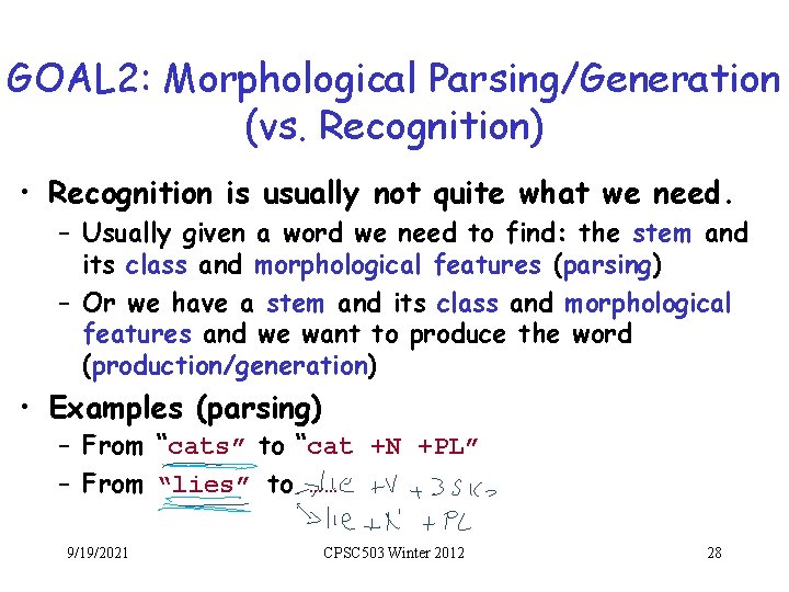 GOAL 2: Morphological Parsing/Generation (vs. Recognition) • Recognition is usually not quite what we