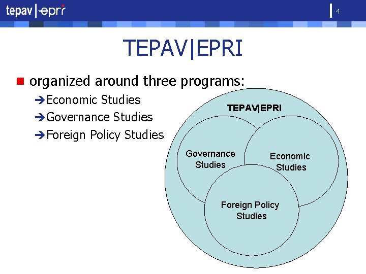 4 TEPAV|EPRI n organized around three programs: èEconomic Studies TEPAV|EPRI èGovernance Studies èForeign Policy