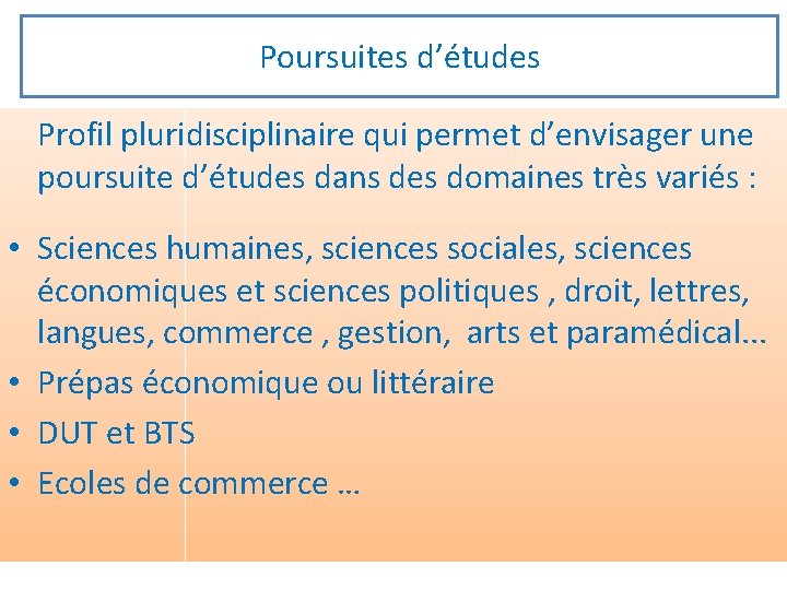 Poursuites d’études Profil pluridisciplinaire qui permet d’envisager une poursuite d’études dans des domaines très