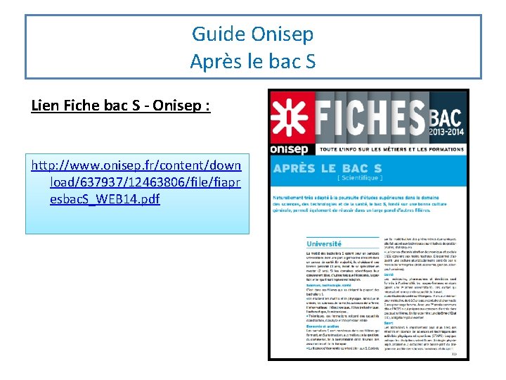 Guide Onisep Après le bac S Lien Fiche bac S - Onisep : http: