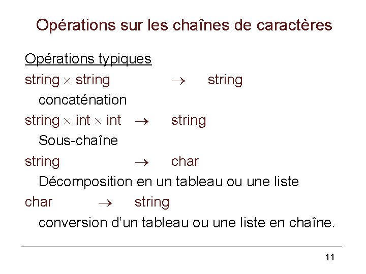 Opérations sur les chaînes de caractères Opérations typiques string concaténation string int string Sous-chaîne