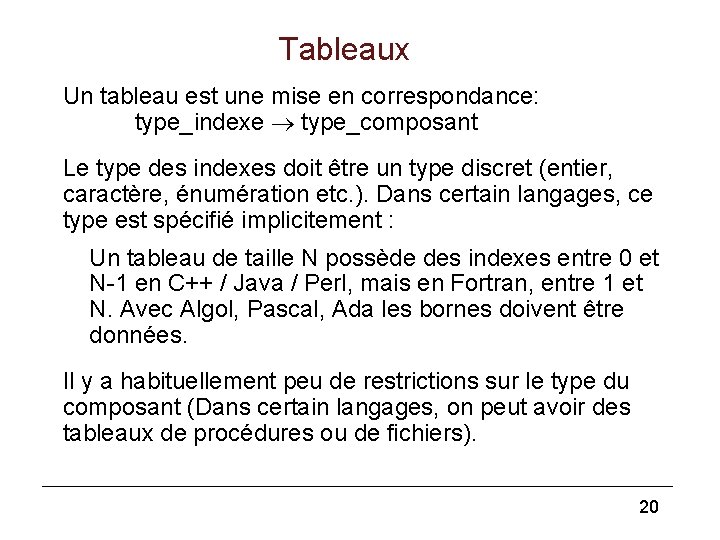 Tableaux Un tableau est une mise en correspondance: type_indexe type_composant Le type des indexes
