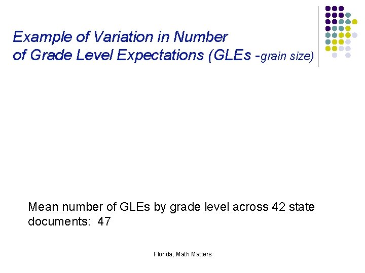 Example of Variation in Number of Grade Level Expectations (GLEs -grain size) Mean number