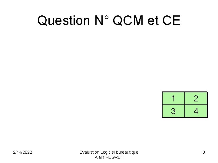 Question N° QCM et CE 2/14/2022 Evaluation Logiciel bureautique Alain MEGRET 1 2 3