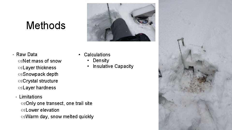 Methods • Raw Data Net mass of snow Layer thickness Snowpack depth Crystal structure