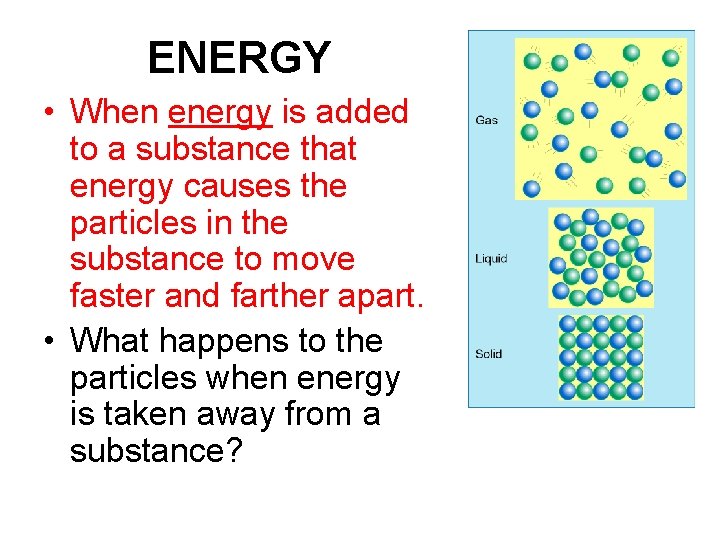 ENERGY • When energy is added to a substance that energy causes the particles