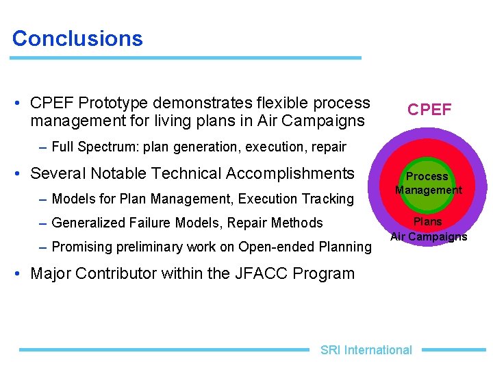 Conclusions • CPEF Prototype demonstrates flexible process management for living plans in Air Campaigns