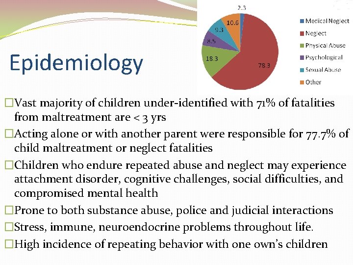 Epidemiology �Vast majority of children under-identified with 71% of fatalities from maltreatment are <