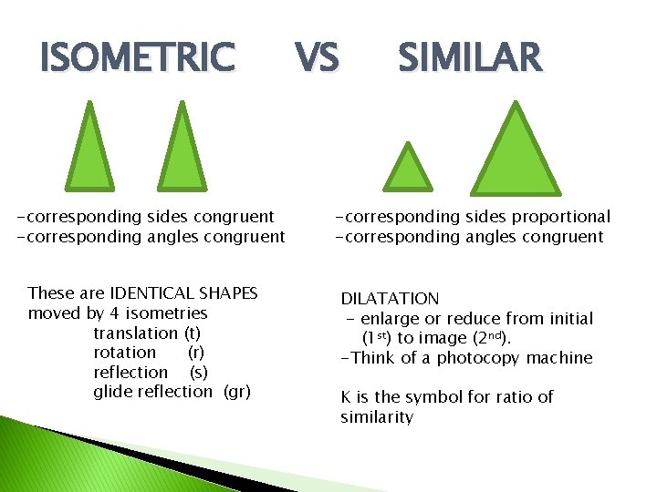 ISOMETRIC -corresponding sides congruent -corresponding angles congruent These are IDENTICAL SHAPES moved by 4