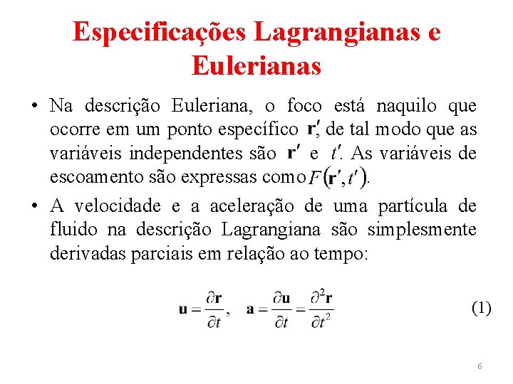 Especificações Lagrangianas e Eulerianas • Na descrição Euleriana, o foco está naquilo que ocorre