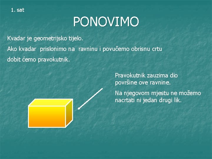 1. sat PONOVIMO Kvadar je geometrijsko tijelo. Ako kvadar prislonimo na ravninu i povučemo