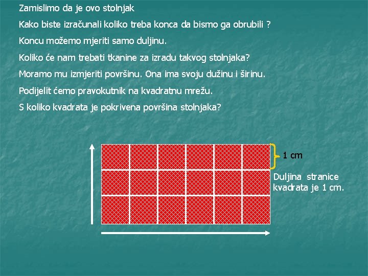 Zamislimo da je ovo stolnjak Kako biste izračunali koliko treba konca da bismo ga