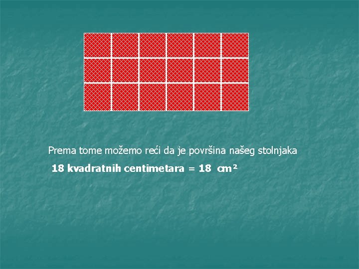 Prema tome možemo reći da je površina našeg stolnjaka 18 kvadratnih centimetara = 18