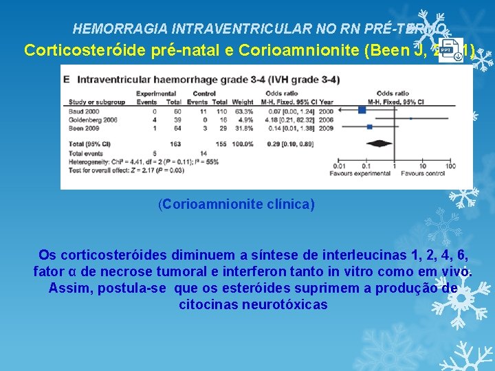 HEMORRAGIA INTRAVENTRICULAR NO RN PRÉ-TERMO Corticosteróide pré-natal e Corioamnionite (Been J, 2011) (Corioamnionite clínica) HEMORRAGIA INTRAVENTRICULAR NO RN PRÉ-TERMO Corticosteróide pré-natal e Corioamnionite (Been J, 2011) (Corioamnionite clínica)