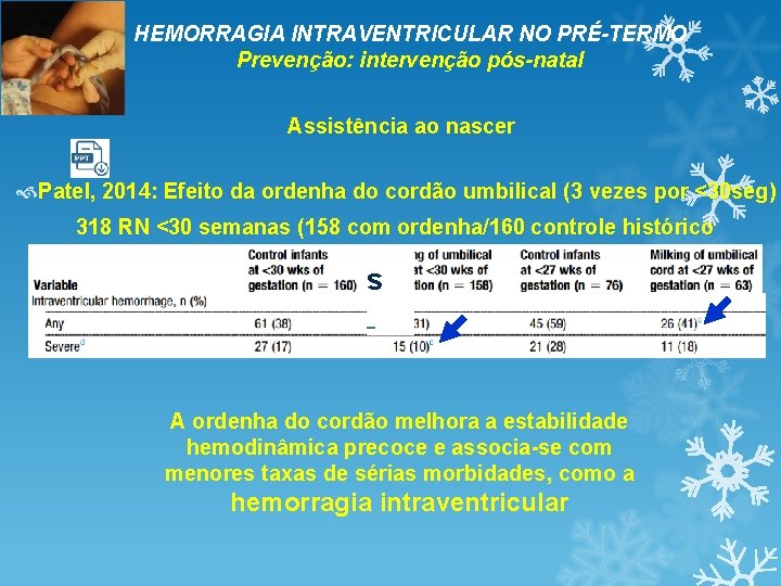 HEMORRAGIA INTRAVENTRICULAR NO PRÉ-TERMO Prevenção: intervenção pós-natal Assistência ao nascer Patel, 2014: Efeito da HEMORRAGIA INTRAVENTRICULAR NO PRÉ-TERMO Prevenção: intervenção pós-natal Assistência ao nascer Patel, 2014: Efeito da