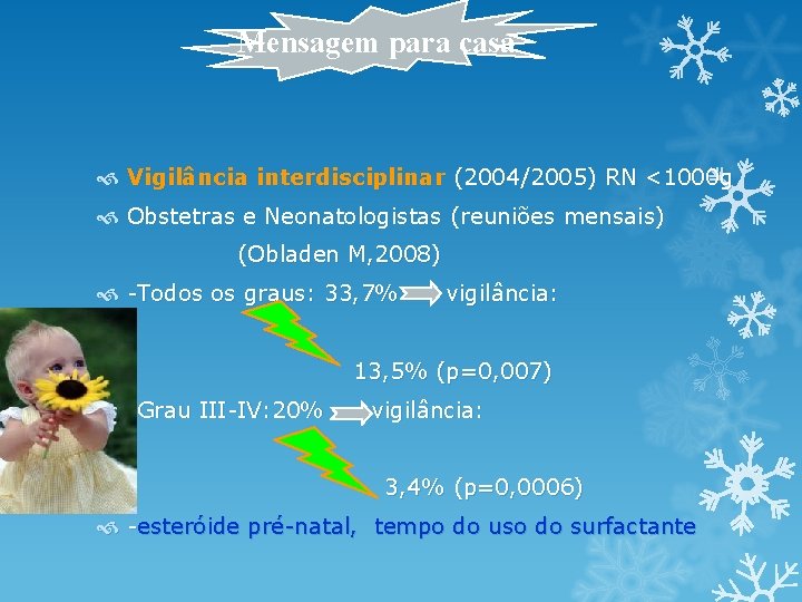 Mensagem para casa Vigilância interdisciplinar (2004/2005) RN <1000 g Obstetras e Neonatologistas (reuniões mensais) Mensagem para casa Vigilância interdisciplinar (2004/2005) RN <1000 g Obstetras e Neonatologistas (reuniões mensais)