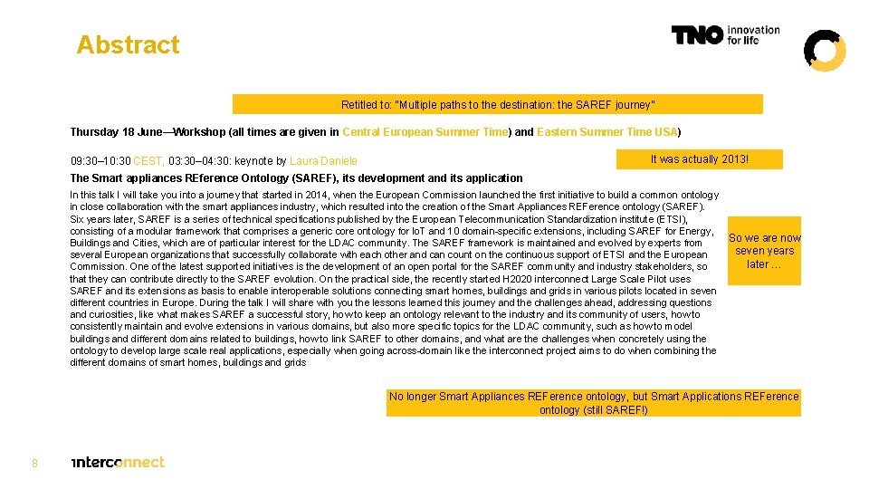 Abstract Retitled to: “Multiple paths to the destination: the SAREF journey” Thursday 18 June—Workshop