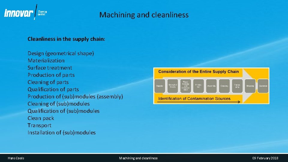 Machining and cleanliness Cleanliness in the supply chain: Design (geometrical shape) Materialization Surface treatment