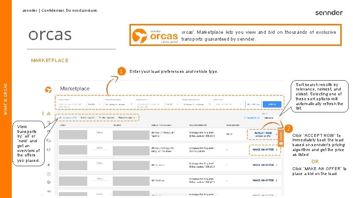 sennder | Confidential. Do not distribute. orcas’ Marketplace lets you view and bid on