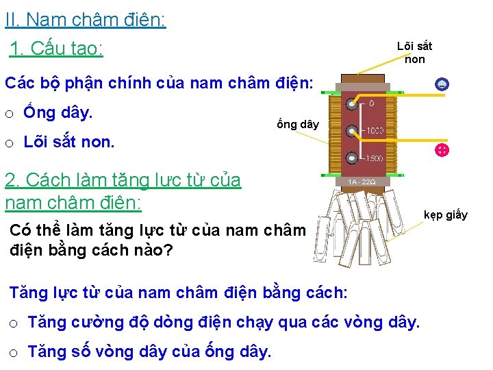 II. Nam châm điện: 1. Cấu tạo: Lõi sắt non Các bộ phận chính