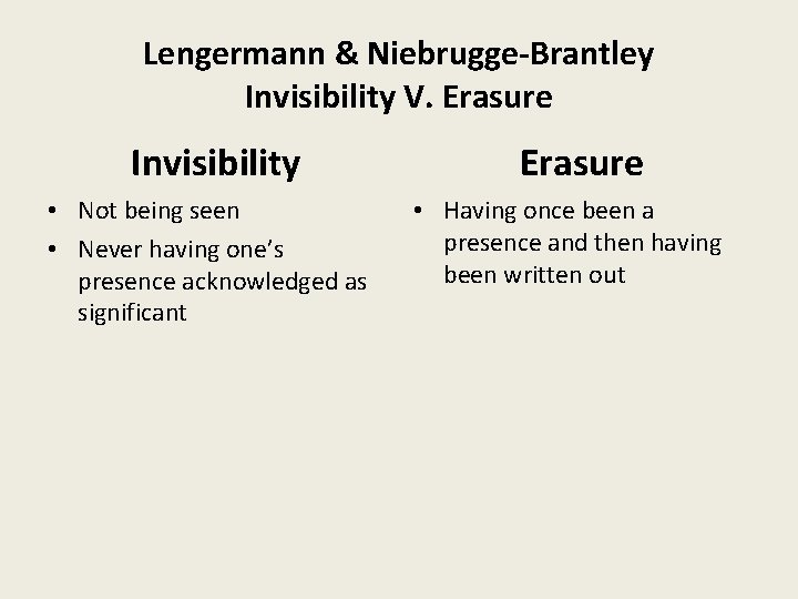 Lengermann & Niebrugge-Brantley Invisibility V. Erasure Invisibility • Not being seen • Never having