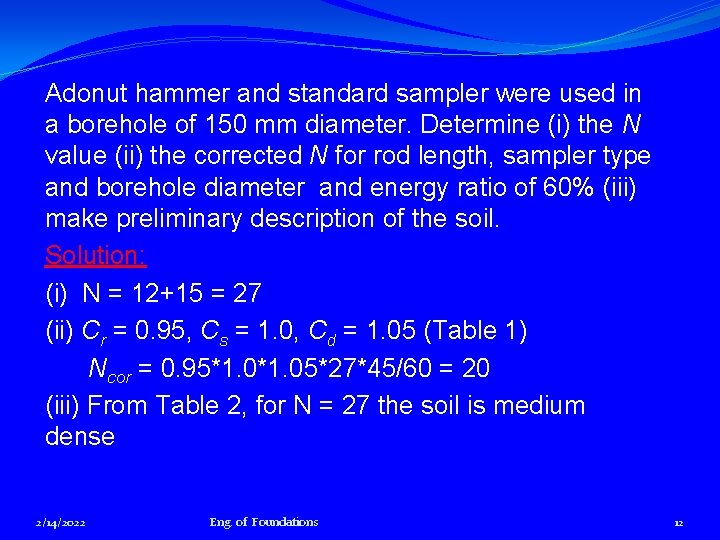 Adonut hammer and standard sampler were used in a borehole of 150 mm diameter.