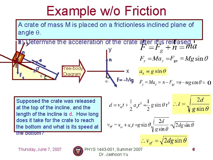 Example w/o Friction A crate of mass M is placed on a frictionless inclined