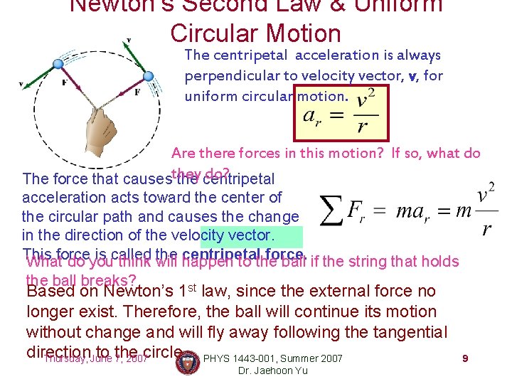 Newton’s Second Law & Uniform Circular Motion The centripetal acceleration is always perpendicular to