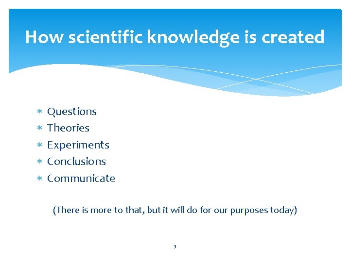 How scientific knowledge is created Questions Theories Experiments Conclusions Communicate (There is more to