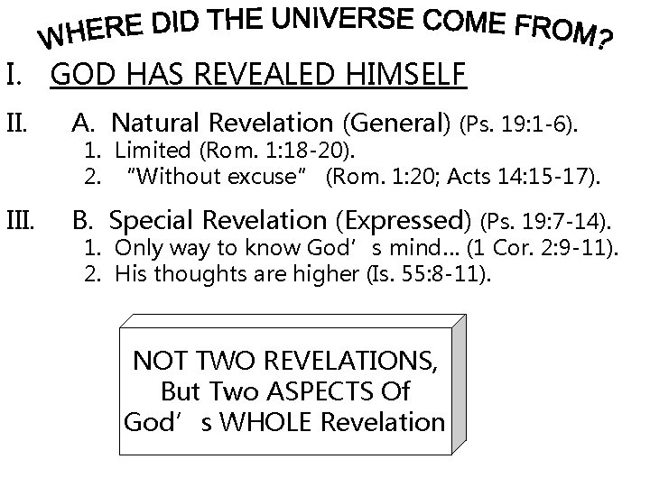 I. GOD HAS REVEALED HIMSELF II. A. Natural Revelation (General) (Ps. 19: 1 -6).