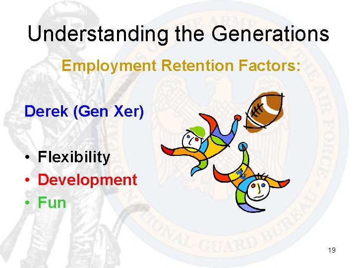 Understanding the Generations Employment Retention Factors: Derek (Gen Xer) • Flexibility • Development •