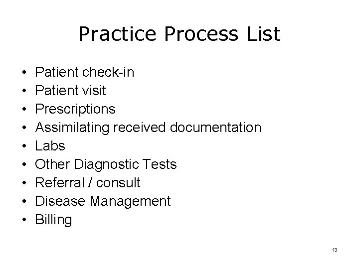 Practice Process List • • • Patient check-in Patient visit Prescriptions Assimilating received documentation