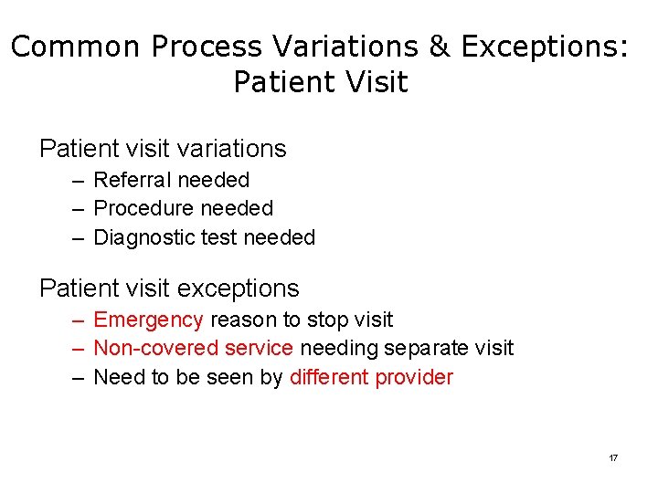 Common Process Variations & Exceptions: Patient Visit Patient visit variations – Referral needed –