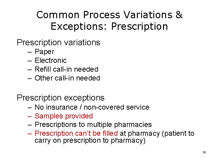 Common Process Variations & Exceptions: Prescription variations – – Paper Electronic Refill call-in needed