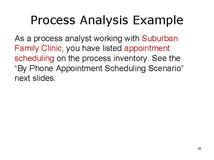 Process Analysis Example As a process analyst working with Suburban Family Clinic, you have