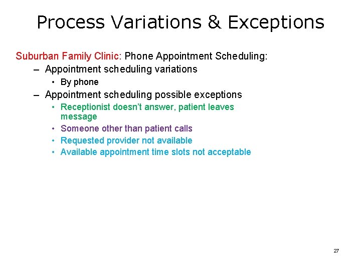 Process Variations & Exceptions Suburban Family Clinic: Phone Appointment Scheduling: – Appointment scheduling variations