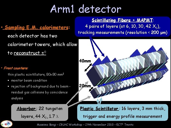 Arm 1 detector • Sampling E. M. calorimeters: each detector has two Scintillating Fibers