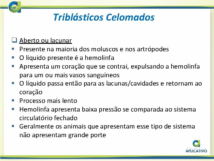 Triblásticos Celomados q Aberto ou lacunar § Presente na maioria dos moluscos e nos