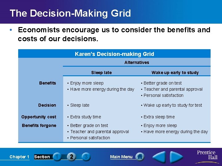 The Decision-Making Grid • Economists encourage us to consider the benefits and costs of
