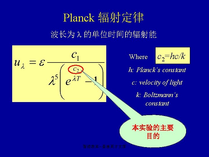 Planck 辐射定律 波长为 的单位时间的辐射能 Where c 2=hc/k h: Planck’s constant c: velocity of light