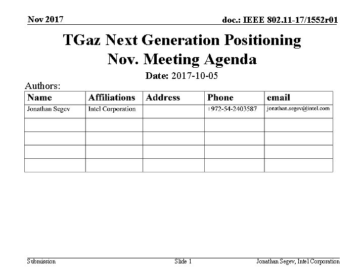 Nov 2017 doc. : IEEE 802. 11 -17/1552 r 01 TGaz Next Generation Positioning