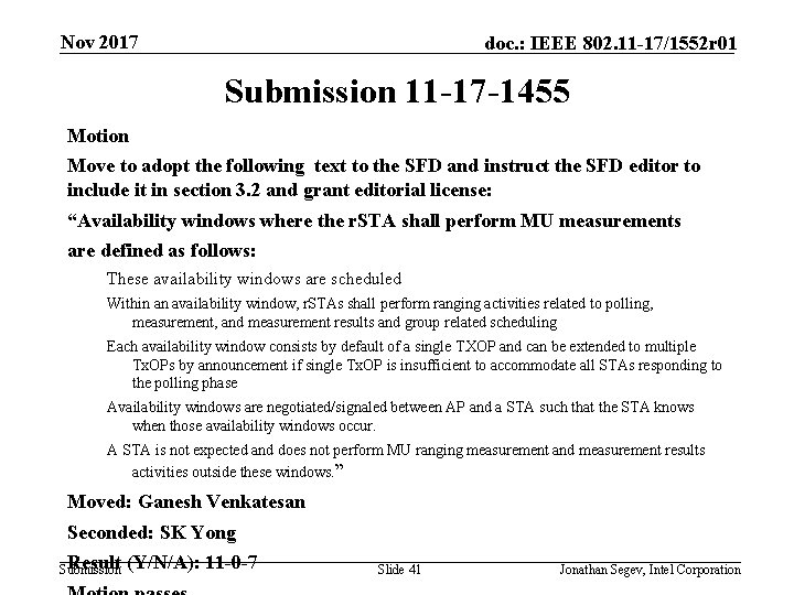 Nov 2017 doc. : IEEE 802. 11 -17/1552 r 01 Submission 11 -17 -1455