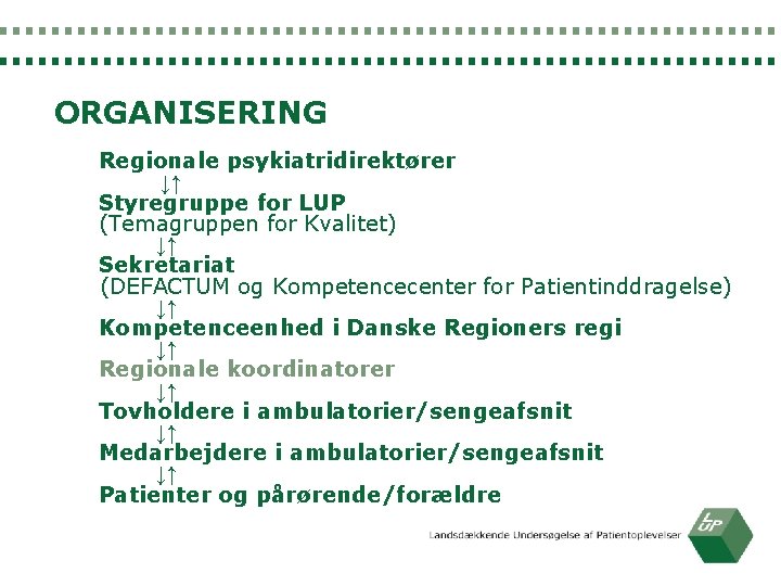 ORGANISERING Regionale psykiatridirektører ↓↑ Styregruppe for LUP (Temagruppen for Kvalitet) ↓↑ Sekretariat (DEFACTUM og