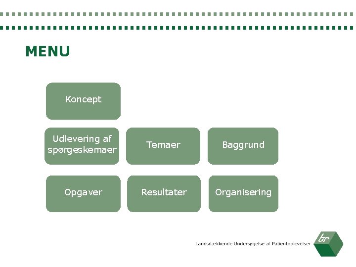 MENU Koncept Udlevering af spørgeskemaer Temaer Baggrund Opgaver Resultater Organisering 