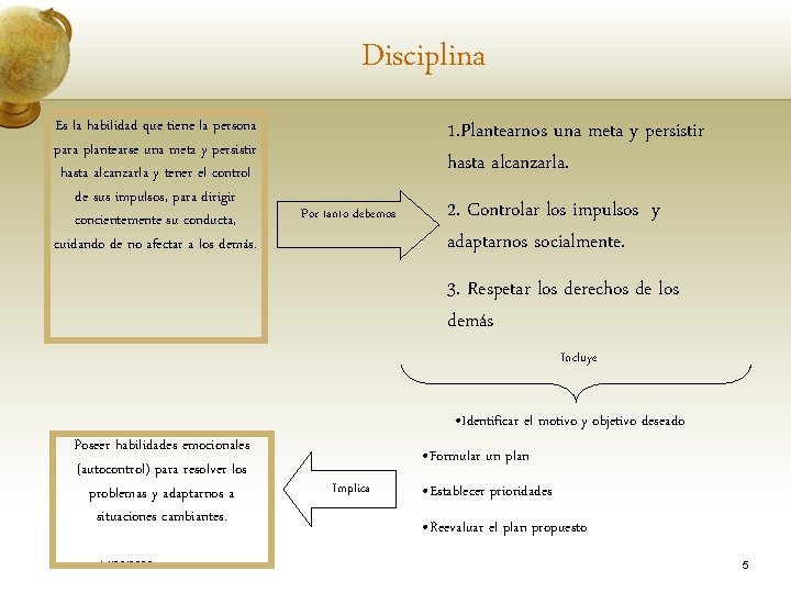 Disciplina Es la habilidad que tiene la persona para plantearse una meta y persistir