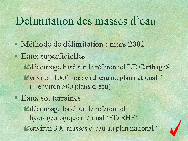 Délimitation des masses d’eau § Méthode de délimitation : mars 2002 § Eaux superficielles