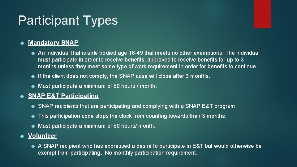 Participant Types Mandatory SNAP An individual that is able bodied age 18 -49 that